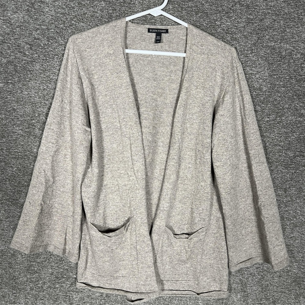Eileen Fisher Cardigan Sweater Womens Medium Gray 100% Cashmere Open Front Italy